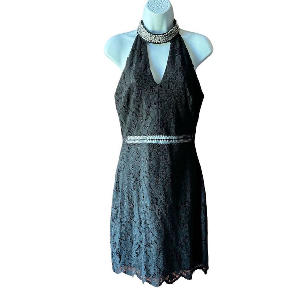 Francesca's Beaded Halter Neck Sleeveless Black Dress SZ M Party Cocktail Short